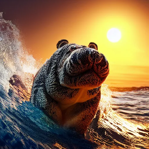 Image similar to a closeup photorealistic photograph of a cute smiling knitted tiger hippopotamus riding an epic wave at sunset. surf in the background. professional capture. brightly lit scene. this 4 k hd image is trending on artstation, featured on behance, well - rendered, extra crisp, features intricate detail, epic composition and the style of unreal engine.