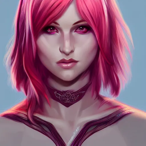 Image similar to half elf woman, beautiful, short pink hair, deep crimson eyes, digital art, smooth, character drawing, artstation, highly detailed, symmetry