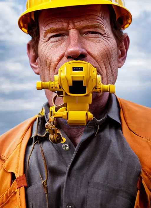 Image similar to closeup portrait of mecha bryan cranston with construction crane, yellow hardhat, natural light, bloom, detailed face, magazine, press, photo, steve mccurry, david lazar, canon, nikon, focus