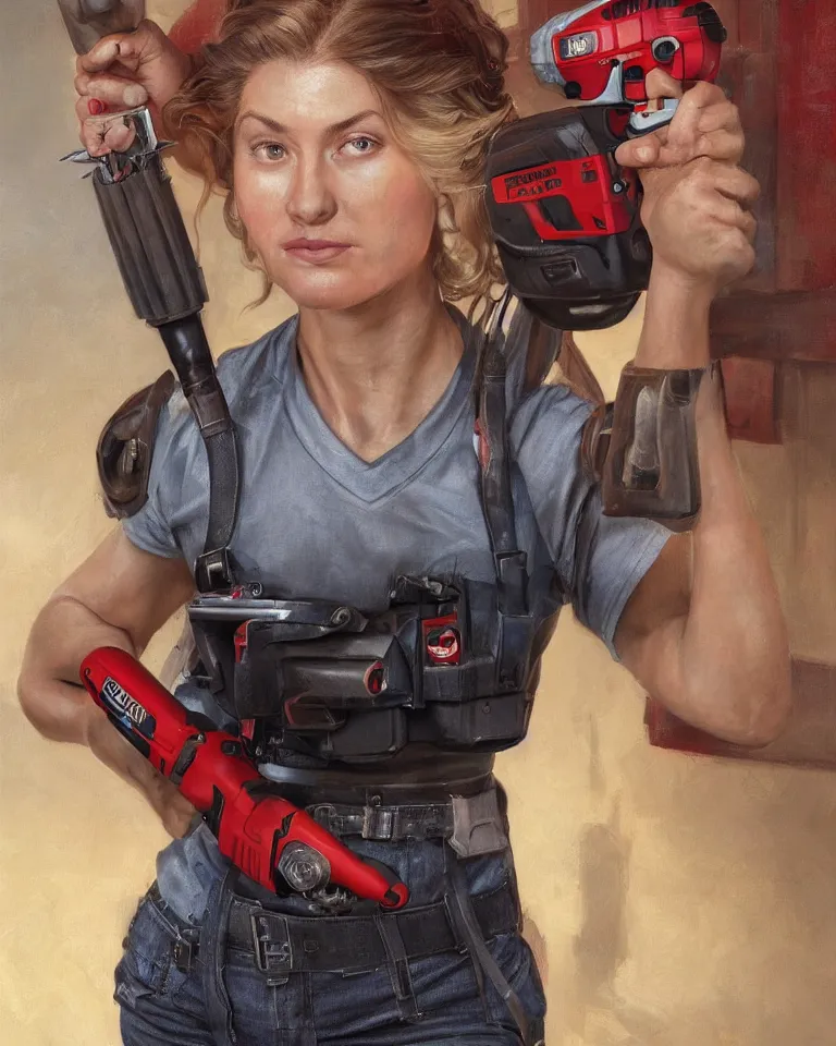 Image similar to epic portrait a slightly muscular woman wearing short sleeved uniform and carrying a red power tool drill, detailed, centered, digital painting, artstation, concept art, donato giancola, Joseph Christian Leyendecker, WLOP, Boris Vallejo, Breathtaking, 8k resolution, extremely detailed, beautiful, establishing shot, artistic, hyperrealistic, beautiful face, octane render