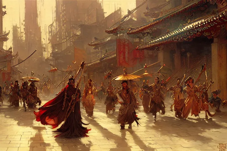 Image similar to wuxia, steampunk city, painting by gaston bussiere, craig mullins, j. c. leyendecker