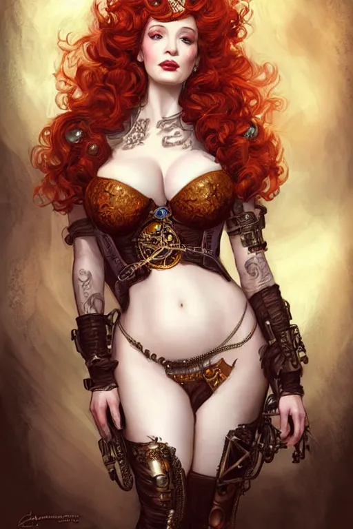 Image similar to three-quarters pose portrait of Christina Hendricks as a sensual Lady Mechanika, very beautiful young woman, ginger wavy hair, Victorian-era push-up underwire. Intricate, steampunk imagery themed, D&D!, fantasy style, sharp focus!, ultra detailed, art by Artgerm and Peter Andrew Jones, WLUP