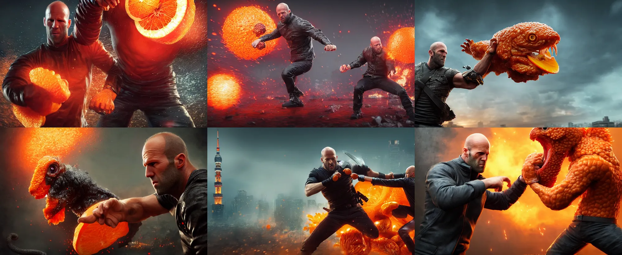 Prompt: ultrarealistic jason statham fighting a giant orange chicken in tokyo, epic battle, fantasy character portrait, octane render, substance painter, movie action still frame, cinematic lighting, volumetric lighting, extreme intricate details, artstation, dnd art, cgsociety, sharp focus, ultra wide angle, digital painting by artgerm, gerald brom, wlop