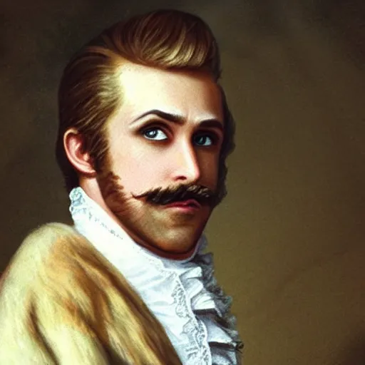 Prompt: portrait of ryan gosling as a 1 8 th century french aristocrat, large mustache,