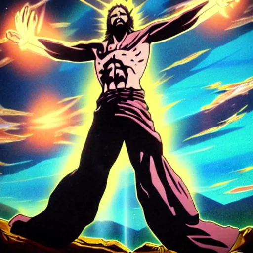 Image similar to jesus Christ on the cross going super saiyan, glowing, highly detailed, anime