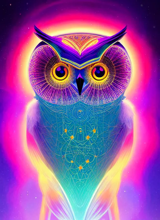 Image similar to symmetry!! product render poster vivid colors divine proportion owl, cosmos, glowing fog intricate, elegant, highly detailed, digital painting, artstation, concept art, smooth, sharp focus, illustration,