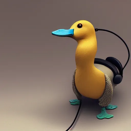 Prompt: a realistic duck wearing headphones and a hoodie