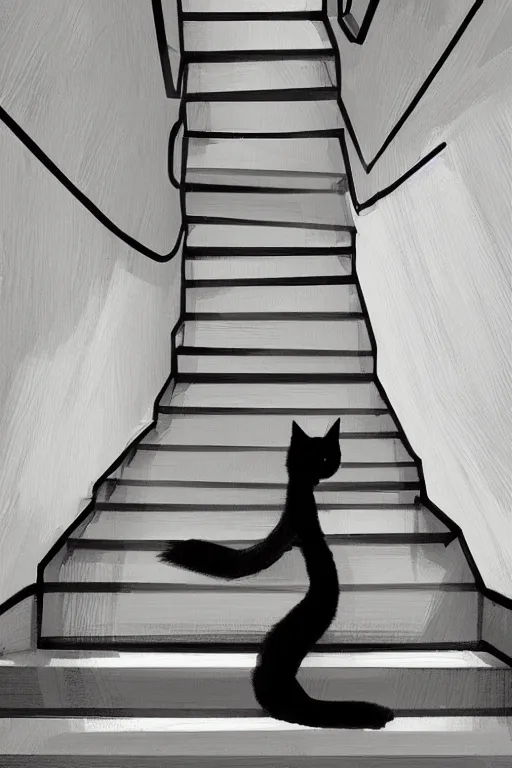 Prompt: looking down a flight of stairs at a black cat, digital illustration, artstation, artstation hq, hd