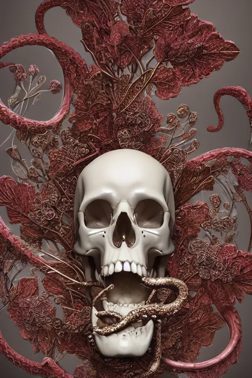 Image similar to complex 3d render ult ra detailed of a porcelain skull and serpent spine, 150 mm, accent lighting, beautiful studio soft light, rim light, silver gold red details, luxurious, big filigran ultra detailed leaves and stems, Alexander Mcqueen, haute couture, fine foliage lace, mesh wire, filigran intricate details, hyper realistic, mandelbrot fractal, anatomical, silver metal armor, facial muscles, cable wires, microchip, elegant, white background, beautiful white teeth, beautiful lips, octane render, H.R. Giger style, 8k