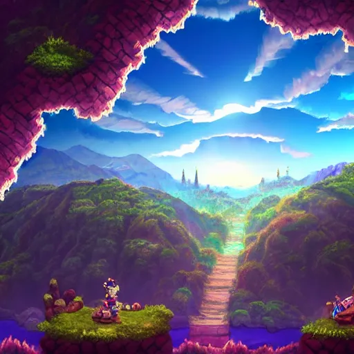 Image similar to way to the beautiful city in a ring of mountains, side-scrolling 2d platformer game level, swirling clouds, fantasy magical vegetation, dramatic dusk sun illuminates areas, volumetric light , detailed, rich color, upscale, fantasy, 8k