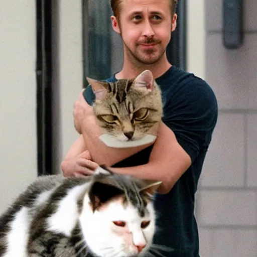 Prompt: ryan gosling shoplifting a cat under each arm