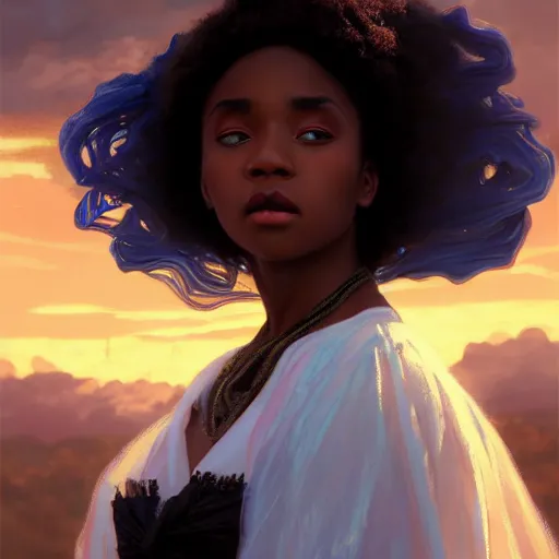 Image similar to a Photorealistic dramatic hyperrealistic bright blue eyes, African American elegant girl, black hair, white veil,by WLOP,Artgerm,Greg Rutkowski,Alphonse Mucha, Dang My Linh, Beautiful dynamic dramatic bright sunset lighting,shadows,cinematic atmosphere,Artstation,concept design art,Octane render,8k, garden