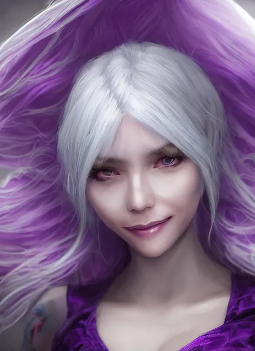 Prompt: smiling syndra, from league of legends, white hair, purple magic, hyper detailed, digital art, au naturel, with abs, trending in artstation, cinematic lighting, studio quality, smooth render, unreal engine 5 rendered, octane rendered, art style by klimt and nixeu and ian sprigger and wlop and krenz cushart