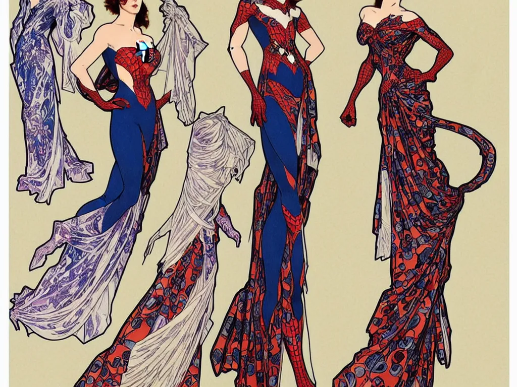 Prompt: 4 elegant full length spider man dress designs with natural history prints designed by alphonso mucha