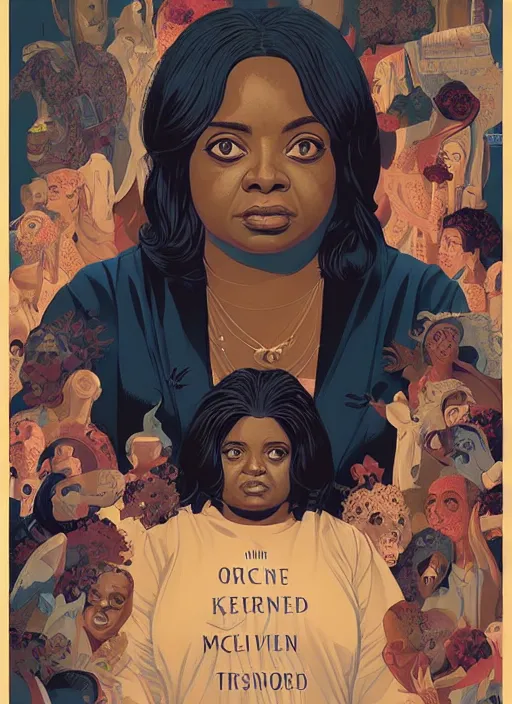 Image similar to poster artwork by Michael Whelan and Tomer Hanuka, Karol Bak of Octavia Spencer has a thousand voices in her head, reality is a labyrinth, psychological thriller from scene from Twin Peaks, clean, simple illustration, nostalgic, domestic, full of details