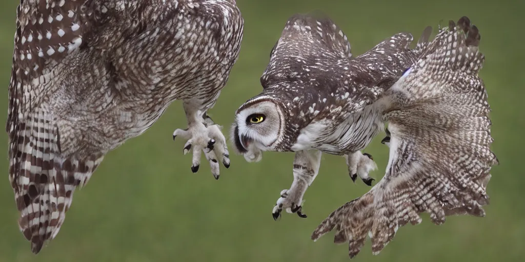 Image similar to scenic photo of an owl catching a mouse. the mouse is covered in blood. focus on the owl's beak and eye. intricate eye. extremely large wings. extreme detail, hyperrealistic photo