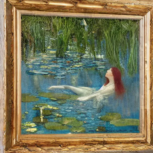 Prompt: Elizabeth Siddal swims in a lake with blue water lilies, Pre-Raphaelite style, highly detailed, sharp focus