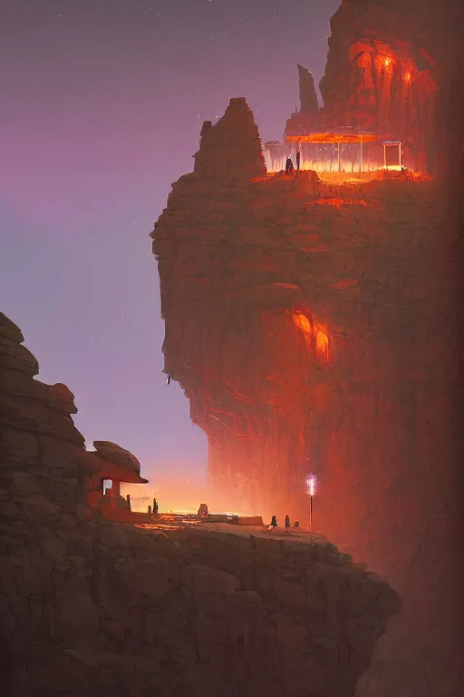 Image similar to ancient temple on a rocky cliff in a canyon, shooting stars in the night sky, dramatic lighting, artstation, matte painting, ralph mcquarrie, simon stalenhag