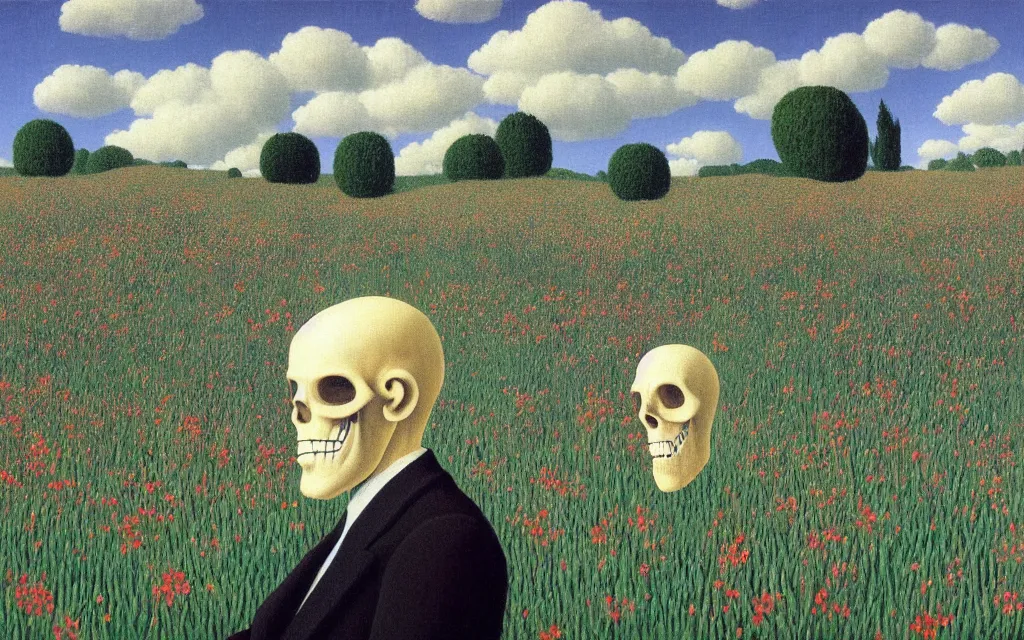 Prompt: grim reaper looking at you in distance in beautiful meadow of flowers, detailed painting by rene magritte