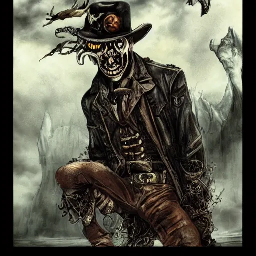 Prompt: portrait of a corrupted eldritch cowboy in a scenic environment by simon bisley, steampunk, lovecraftian, oldwest, beast, corruption, eyes