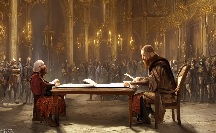 Prompt: a medieval king signing a document in a royal hall, game character concept art, wide view, high detailed, full perfect, symmetrical portrait, high detail, by craig mullins, peter mohrbacher, unreal engine, octane rendered, 8 k, dark beauty, trending on artstation