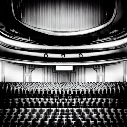 Image similar to a grainy photo of a shadowy figure in a birdcage on a large old abandoned theatre stage, black and white, motion blur, long exposure