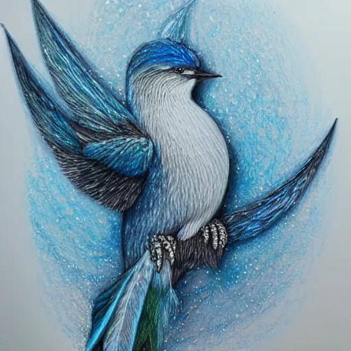 Image similar to Colored pencil art on paper, Frost Spirit Bird, highly detailed, artstation, MasterPiece, Award-Winning, Caran d'Ache Luminance