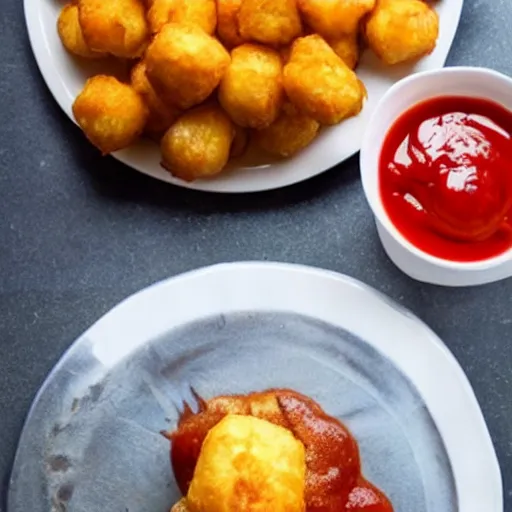 Image similar to food photo of channing tatum's face on top of giant tater tot on a plate with ketchup