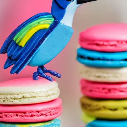 Image similar to a photo blue jay bird standing on a basket of rainbow macaron desserts.