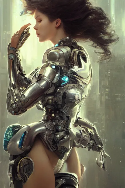 Prompt: Ultra realistic illustration, beautiful alluring female cyborg, cyberpunk, sci-fi, fantasy, intricate, elegant, highly detailed, digital painting, artstation, concept art, smooth, sharp focus, illustration, art by Yintion J - Jiang Geping and artgerm and greg rutkowski and alphonse mucha.