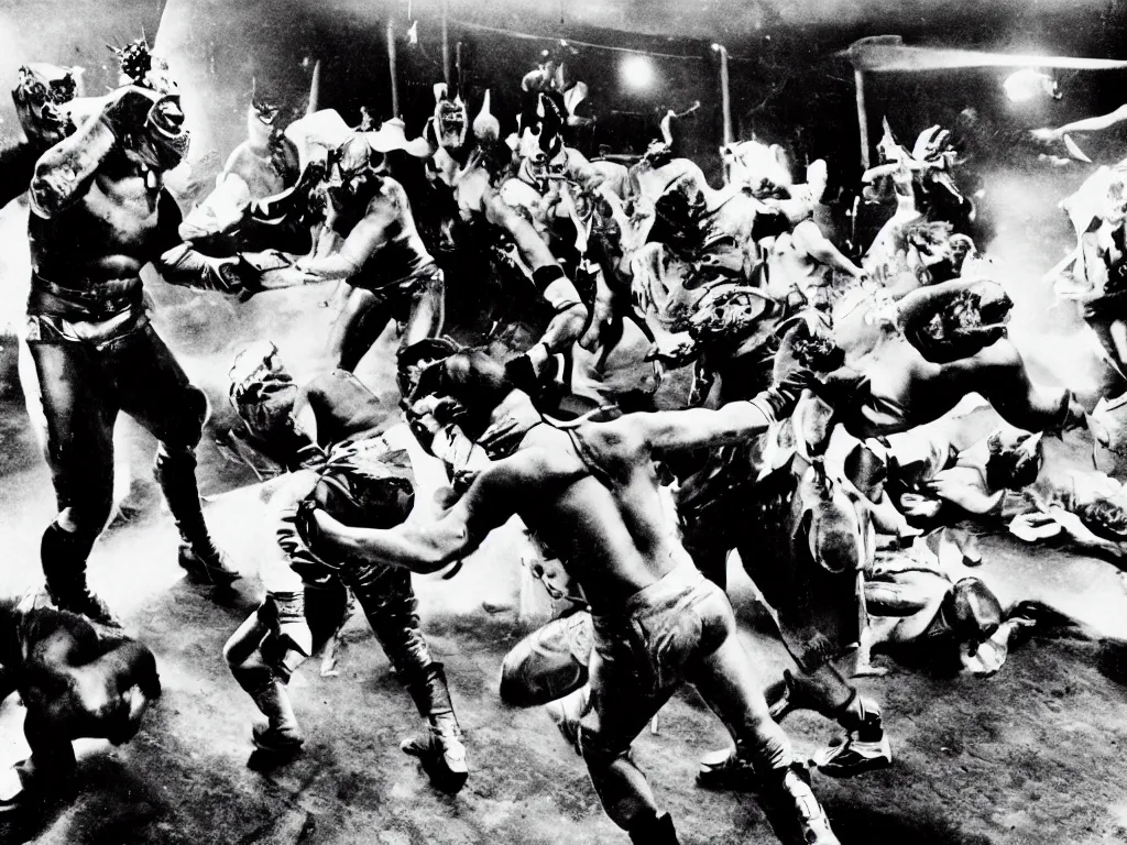 Image similar to photograph of the war of the luchadors : : 5, luchadors : : 4, war : : 3, action scene, dramatic lighting, cinematic, nineteen twenties, vintage, avant garde cinema, dada style, highly realistic, ultra detailed, black and white, by david lynch : : 3, in the style of the movie eraserhead