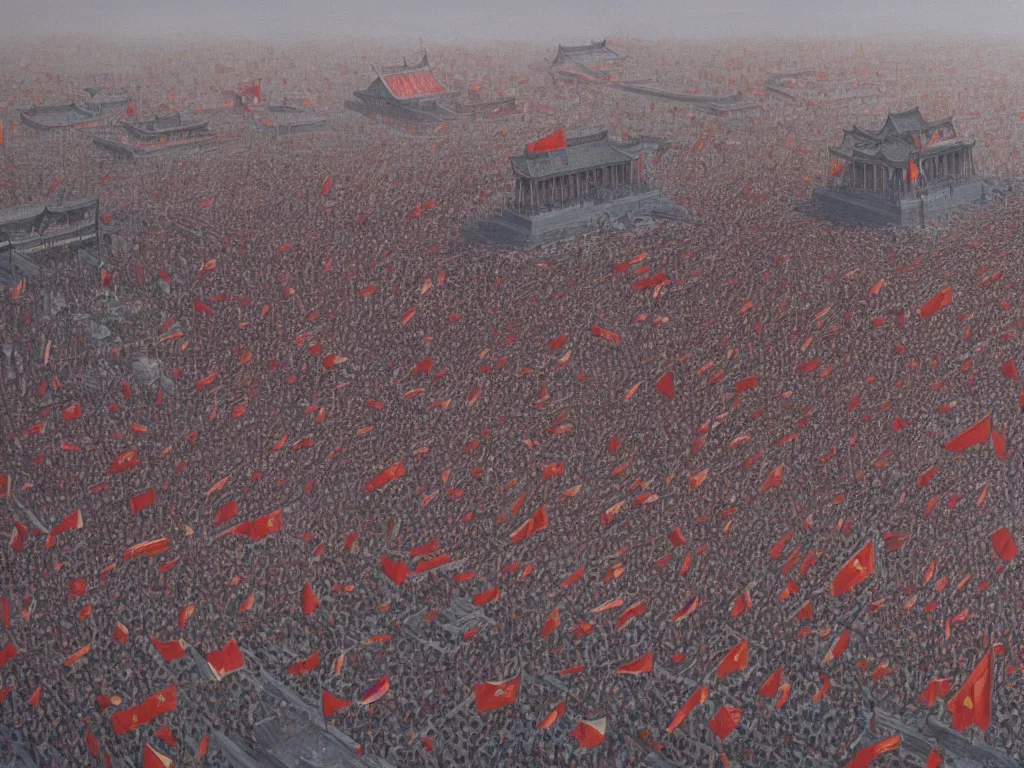 Prompt: on the evening of june 4, 1 9 8 9, tiananmen square, beijing, matte painting, detailed, elden ring, oil on canvas, trending on artstation