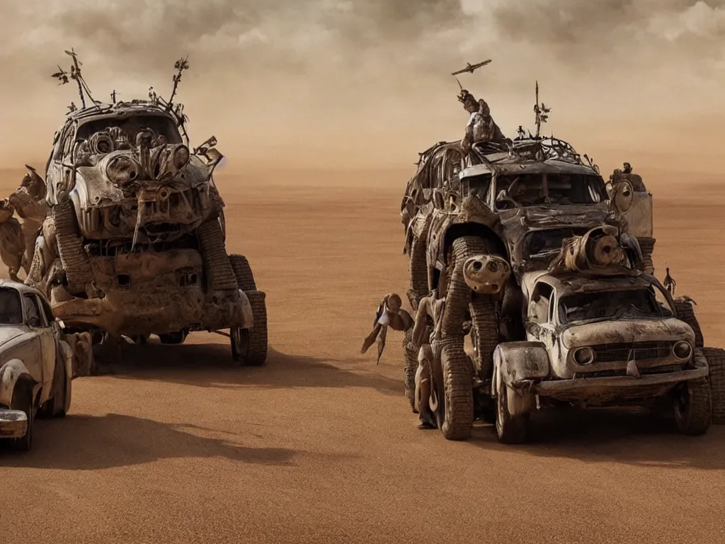 Prompt: popemobile in mad max: fury road (2016) photorealistic 8k promotional photo shot