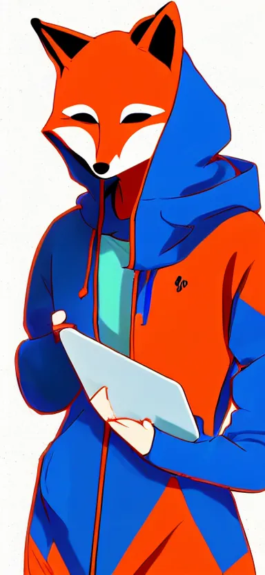 Image similar to an anime art of anthropomorphic fox in a blue hoodie hacking a portable computer, artstation, digital art, oc commission, style by riot team, high detailed, stylised