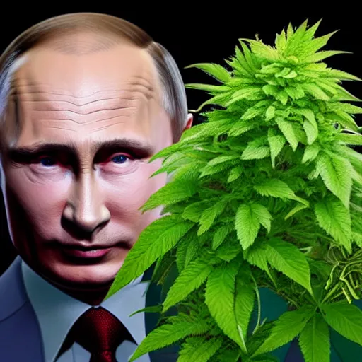 Prompt: Vladimir Putin holding a giant marijuana plant, detailed face, realistic face, amazing digital art, highly detailed, trending on artstation