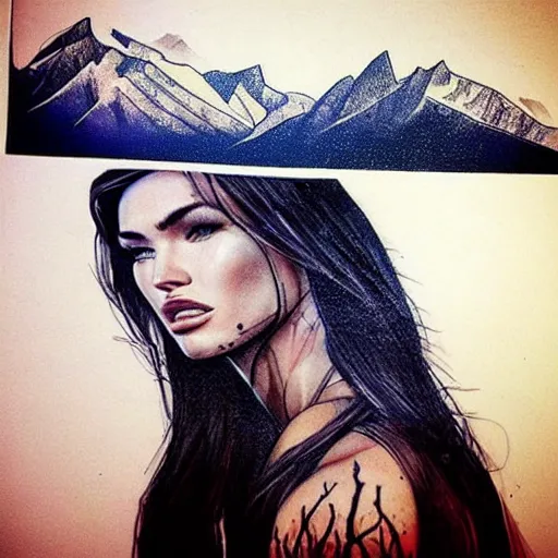 Image similar to double exposure tattoo sketch of megan fox with beautiful mountain scenery, hyper - realistic, in the style of den yakovelev, amazing detail, sharp, abstract
