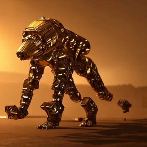 Image similar to hybrid of a cyborg dog and a gold golem, ultra detailed, 8 k, rule of thirds, professional lighting, unreal engine.