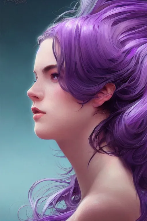 Image similar to Purple hair, creative colouring Portrait of woman face profile, fashion, colored strands of hair, intricate, elegant, highly detailed, digital painting, artstation, concept art, smooth, sharp focus, illustration, art by artgerm and greg rutkowski and alphonse mucha