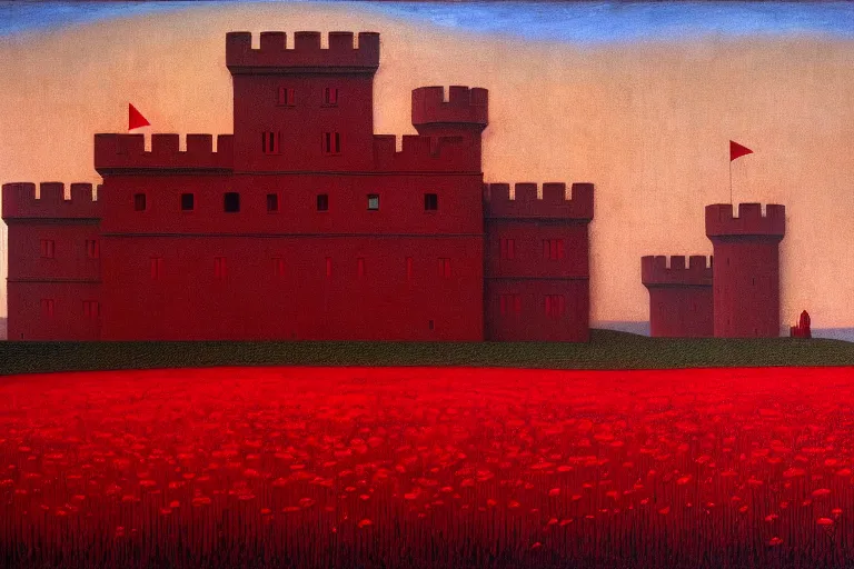 Image similar to only with red, red flowers of different types, a castle in the background, red giants rest over the flowers, in the style of beksinski, part by hopper, part by rodcenko, part by hofbauer, intricate composition, red by caravaggio, insanely quality, highly detailed, masterpiece, red light, artstation, 8 k