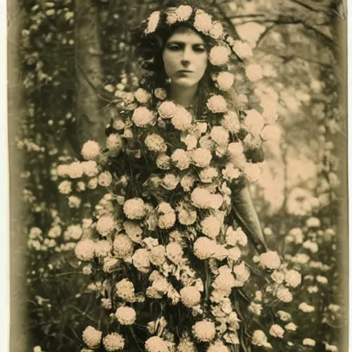 Image similar to portrait of a beautiful woman covered in flowers, Forest, ray gods, 1910 polaroid photography