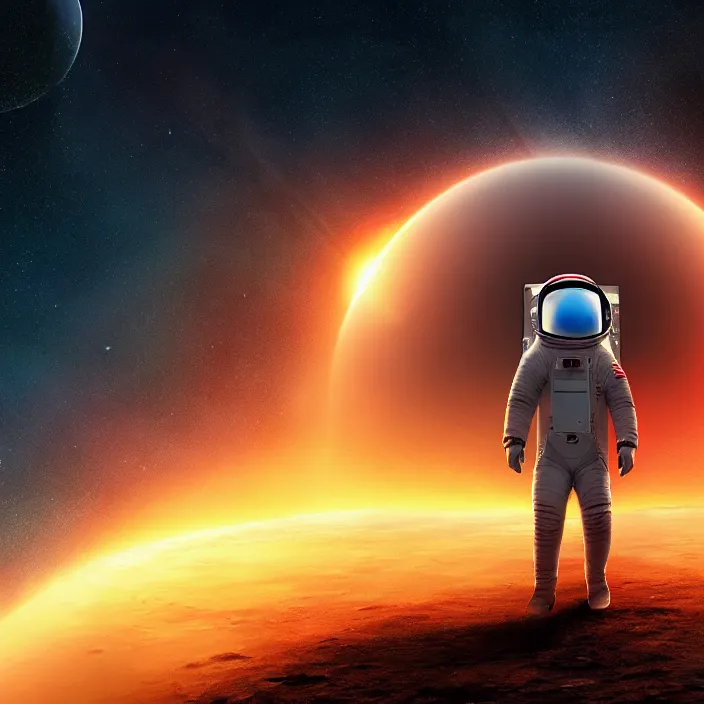 Image similar to a astronaut walking on a alien planet with a red giant galaxy appearing in the sky, digital art, concept art, trending on DeviantArt, highly detailed, high quality, 8K HDR, cinematic lighting, breathtaking image