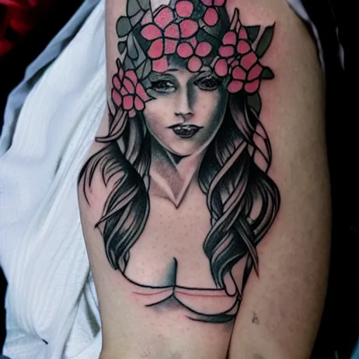 Prompt: tattoo design, stencil, Robin Tunney with flowers in her hair by artgerm, cat girl, sexy s- 100