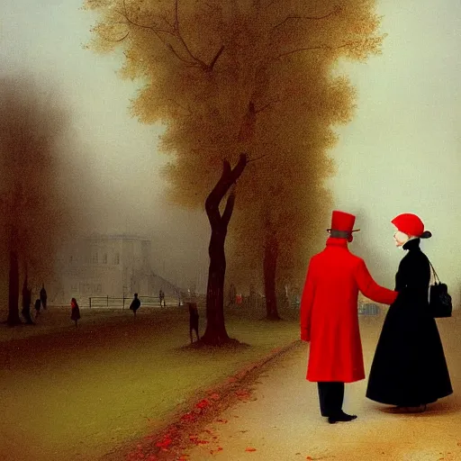 Prompt: A thin man in a black coat and bowler hat talks with small young girl dressed in a red coat and a red hat, park, autumn, Berlin, in style of Ivan aivazovsky, wide angle, high detail, width 768