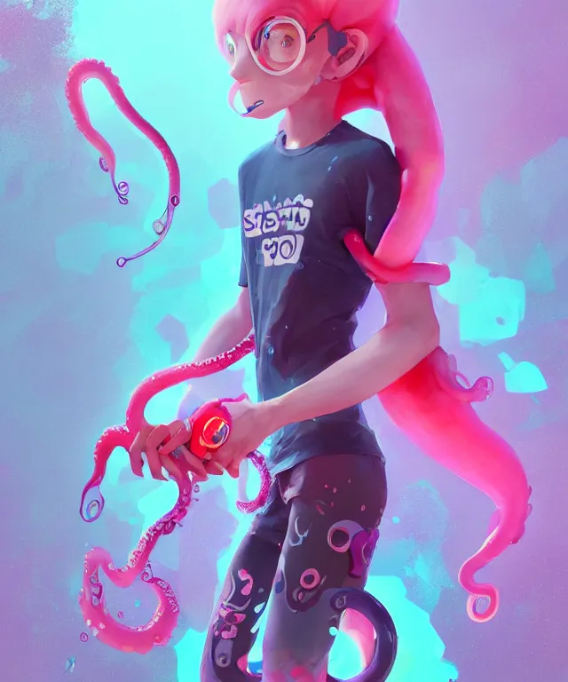 Prompt: a beautiful fullbody portrait of a cute splatoon male inkling with pink tentacle hair wearing tshirt leggings under sport shorts. character design by cory loftis, fenghua zhong, ryohei hase, ismail inceoglu and ruan jia. artstation, volumetric light, detailed, photorealistic, fantasy, rendered in octane