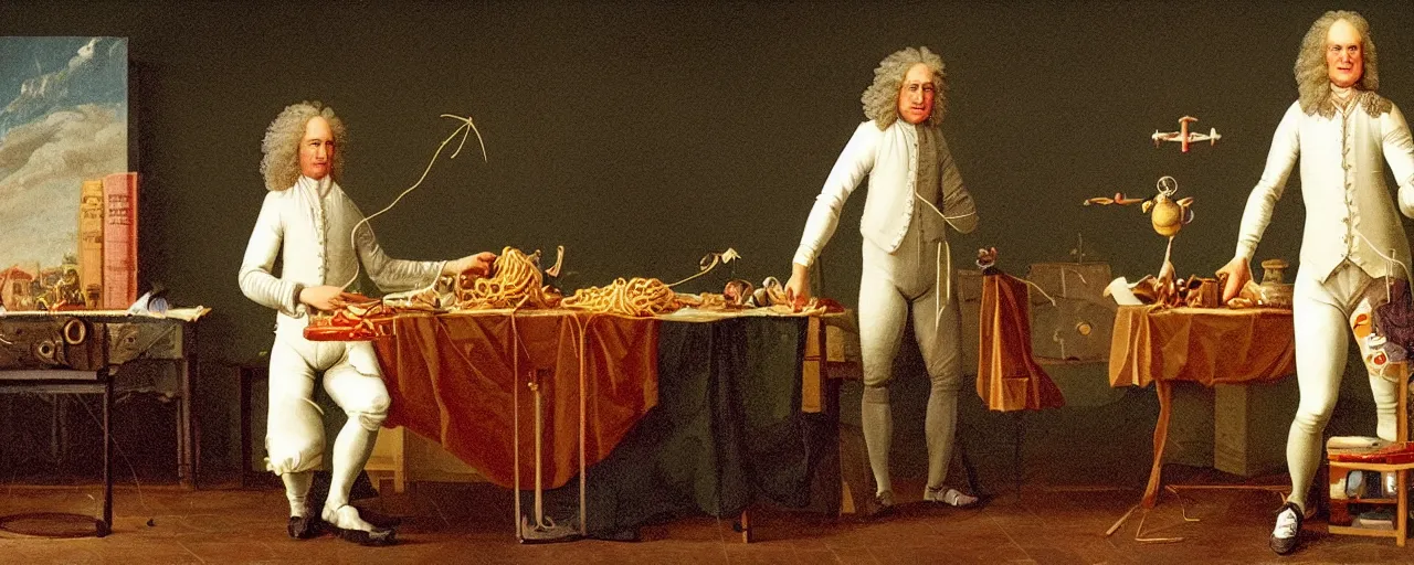 Image similar to sir isaac newton dispersing a prism with spaghetti, 1 7 0 0 s, kodachrome, in the style of wes anderson, retro