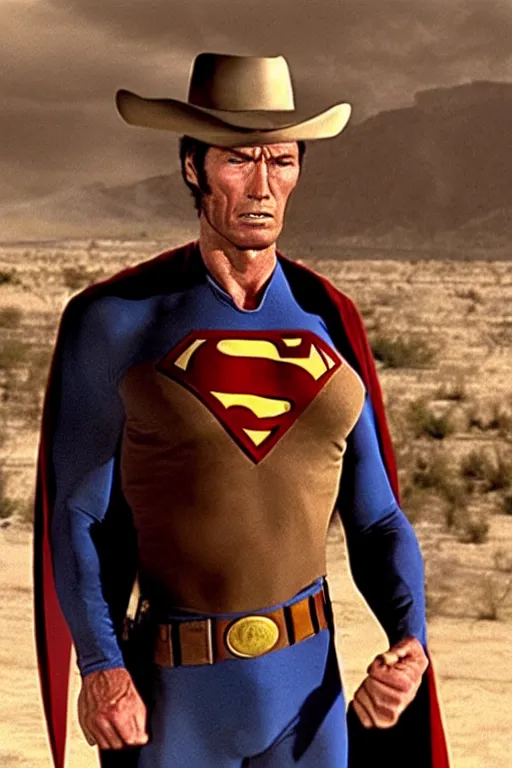 Image similar to clint eastwood as superman in the good the bad and the ugly