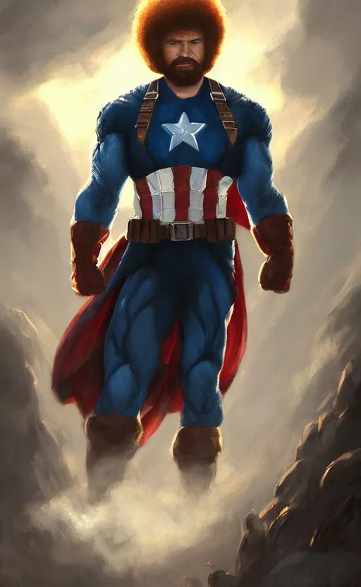 Image similar to bob ross as captain america, dynamic lighting, cinematic, ultra detailed, trending on art station, stunning visuals, creative, fantasy concept art