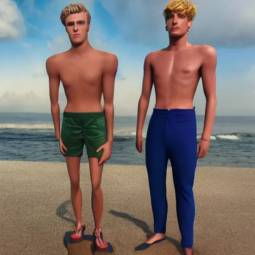 Image similar to a realistic detailed photo of a guy who is an attractive humanoid who is half robot and half humanoid, who is a male android, youtubers jake paul & logan paul, shiny skin, posing like a statue, blank stare, at the beach, on display