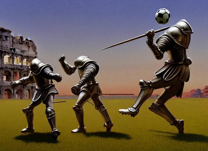 Image similar to knights in armor playing soccer ball - scull, rome, highly detailed, soft lighting, elegant, works by edward hopper, james gillard, zdislaw beksinski, stephen outram, andreas m wiese, highly detailed art by takato yamamoto, masterpiece. rendered in blender, ultra realistic, smooth shading, ultra detailed, high resolution, cinematic, unreal 6