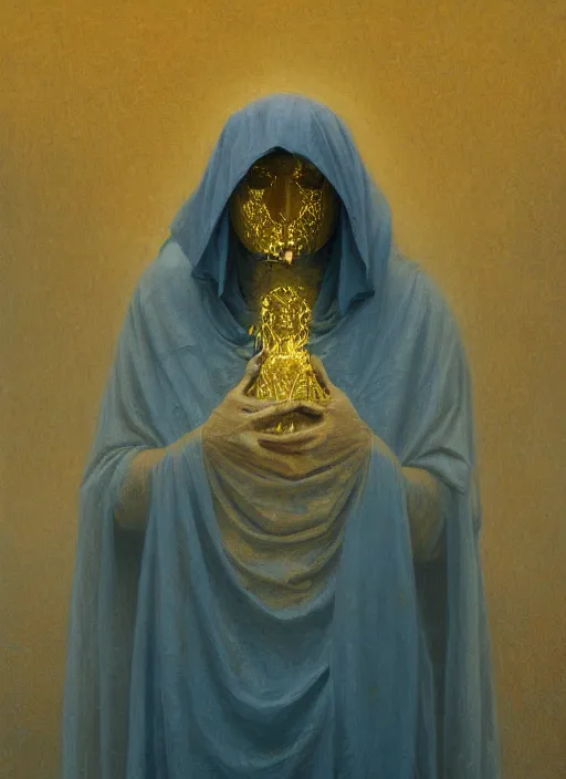Prompt: a silhouette dressed with a shroud wearing a golden mask, by jean delville and sophie anderson and mandy jurgens, golden ratio, perfect composition, elegant, no crop, extremely detailed, hd, masterpiece, artstation